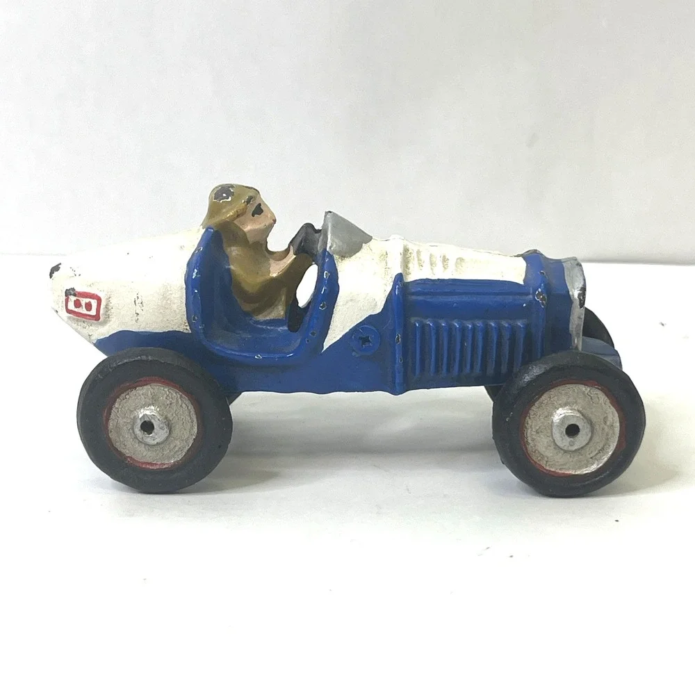 Vintage Cast‎ Iron Blue Race Car w/ Driver Metal Wheels Repro Hubley Style